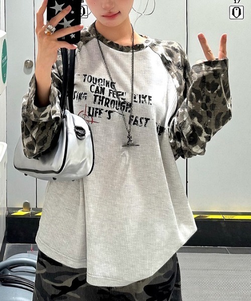 SHEENA（シーナ） tシャツ カモフラ柄ラグランスリーブワッフルロンT