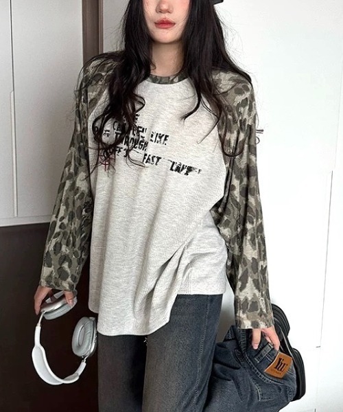 SHEENA（シーナ） tシャツ カモフラ柄ラグランスリーブワッフルロンT