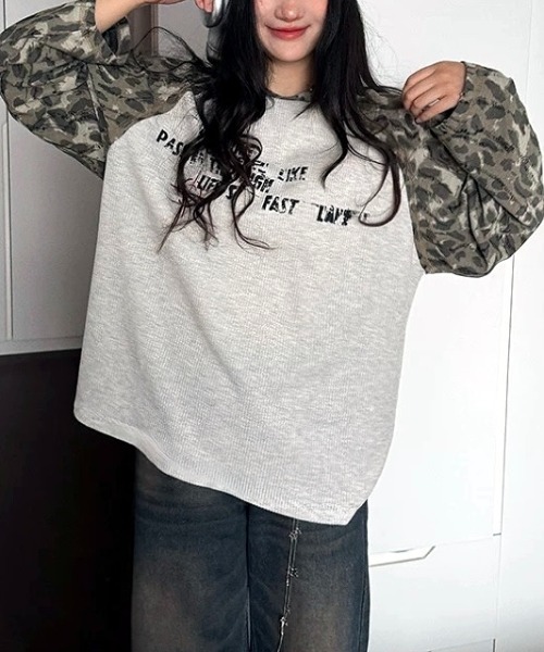SHEENA（シーナ） tシャツ カモフラ柄ラグランスリーブワッフルロンT
