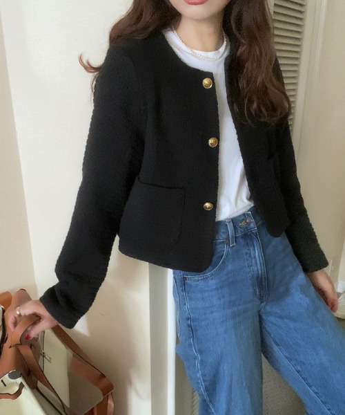 「LAUIR」 ノーカラージャケット MEDIUM ブラック レディース_画像2