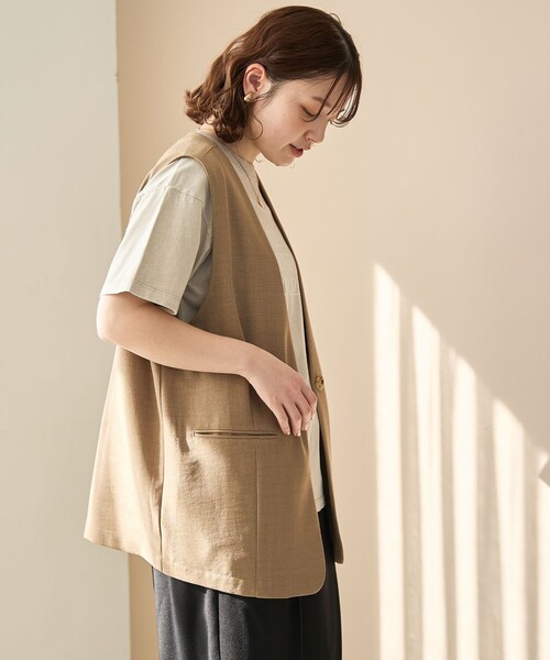 coen（コーエン） ベスト ジレ リネンタッチノーカラーロングジレ