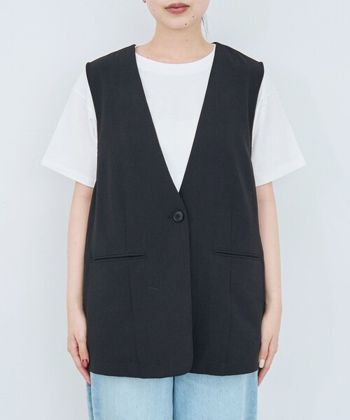 エブール ミディアムリネンステンカラージレ ベスト ロング カットオフ 23区（ニジュウサンク） ベスト ジレ 「CLASSY.6月号掲載/洗える