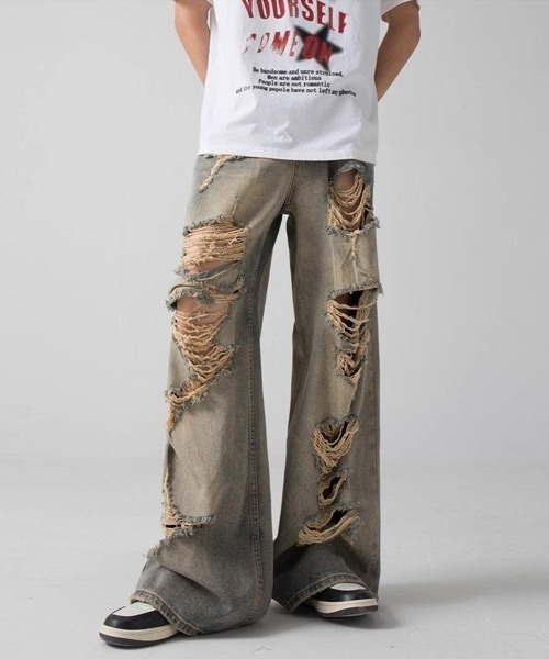 Ressaca（レサーカ） ワイドパンツ ジーンズ ダメージ加工ワイドデニム