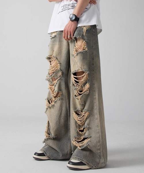 Ressaca（レサーカ） ワイドパンツ ジーンズ ダメージ加工ワイドデニム