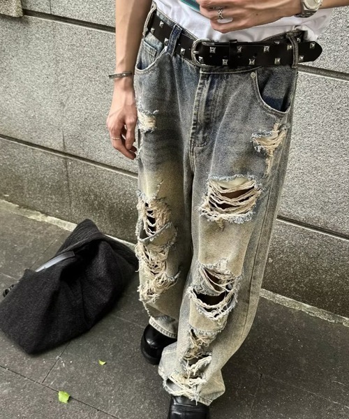Ressaca（レサーカ） ワイドパンツ ジーンズ ダメージ加工ワイドデニム