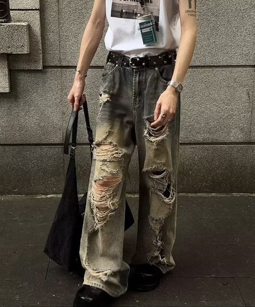 ダメージ加工 ワイドレッグ デニムパンツ Ressaca（レサーカ） ワイドパンツ ジーンズ ダメージ加工ワイドデニム