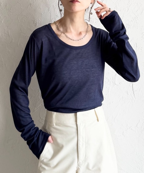 トップス u She's Closet tシャツ 深Uネック 長袖 シアートップス ロングTシャツ