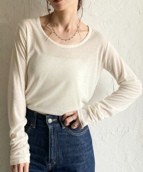 トップス u She's Closet tシャツ 深Uネック 長袖 シアートップス ロングTシャツ