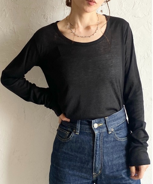 She's Closet tシャツ 深Uネック 長袖 シアートップス ロングTシャツ