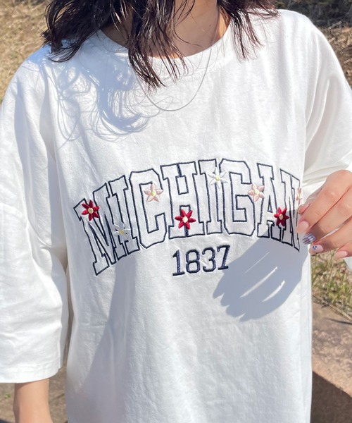 CRB tシャツ 半袖 カレッジロゴフラワー刺繍ビッグTシャツ レディース