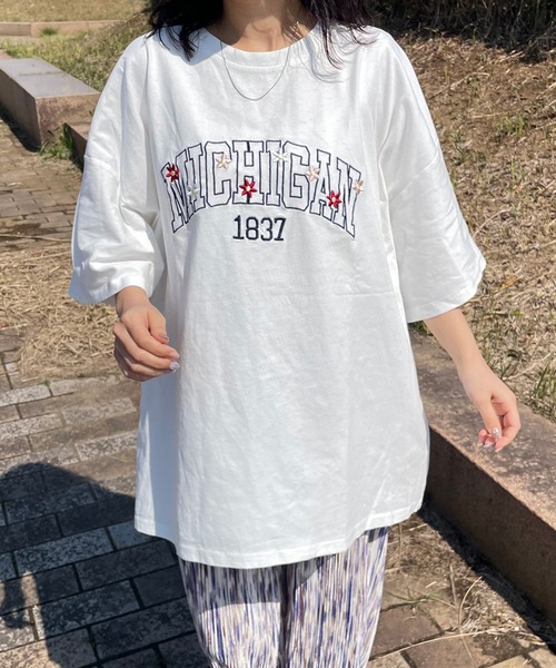 CRB tシャツ 半袖 カレッジロゴフラワー刺繍ビッグTシャツ レディース
