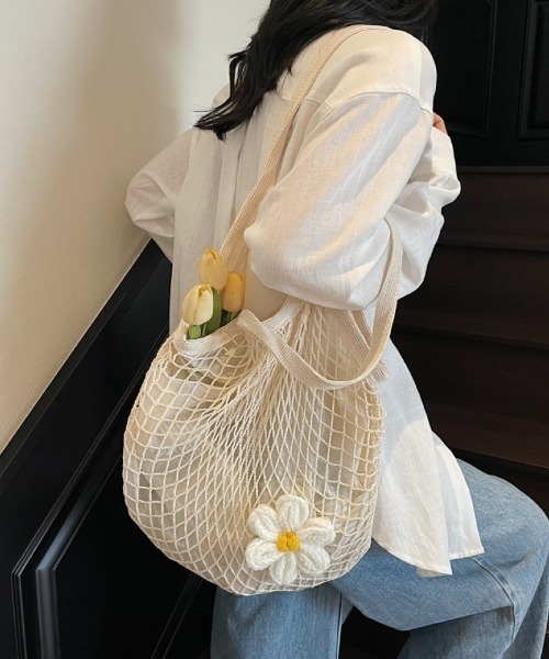 網バッグ　モチーフバック　エコバック　アクセサリー風パールモチーフ エコバッグ ネットバッグ お花モチーフ ショルダーバッグ : ZOZOTOWN
