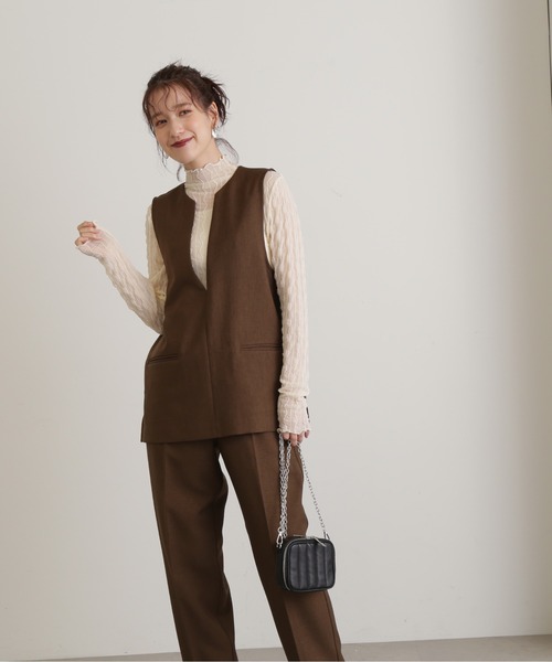 NATURAL BEAUTY BASICノーカラー パンツスーツ 上下セット茶 N.Natural Beauty Basic（エヌ ナチュラルビューティーベーシック
