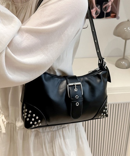ショルダーバッグ バッグ フェイクレザー スタッズ ハーフムーンバッグ