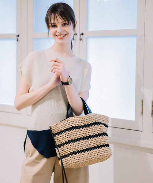 バッグ カゴバッグ カシュカシュ Cachecache サテンリボン ペーパー切り替え編みトートバッグ Zozotown Paypayモール店 通販 Paypayモール