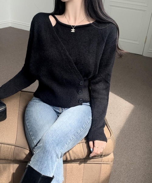 ニット セーター 肌見せストラップラップデザインニットプルオーバー