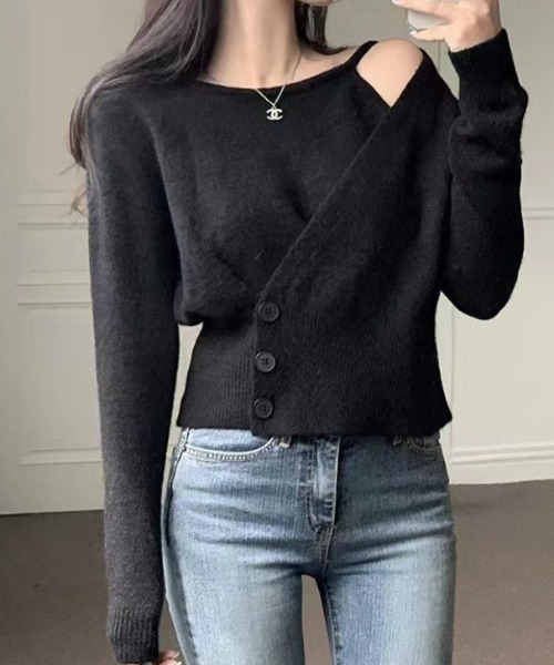 ニット セーター 肌見せストラップラップデザインニットプルオーバー