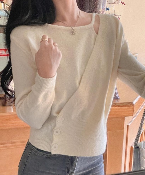 ニット セーター 肌見せストラップラップデザインニットプルオーバー