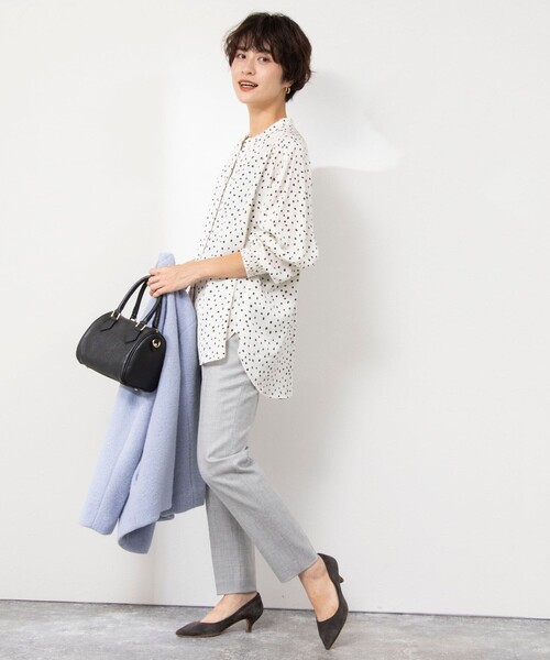 シャツ ブラウス 袖口シャーリングドットプリントブラウス 