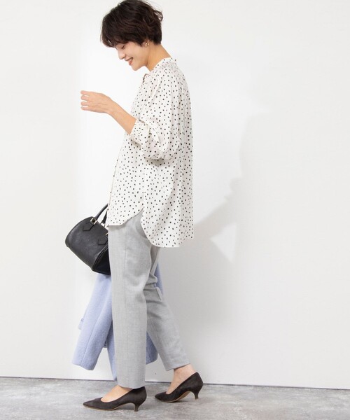 シャツ ブラウス 袖口シャーリングドットプリントブラウス 