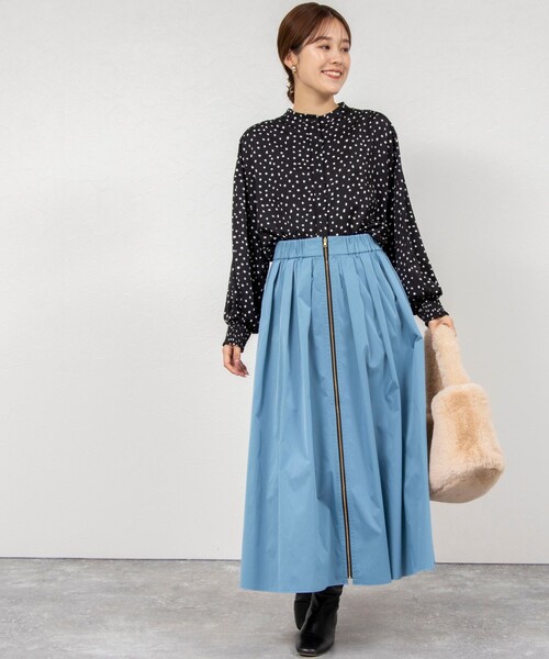 シャツ ブラウス 袖口シャーリングドットプリントブラウス 