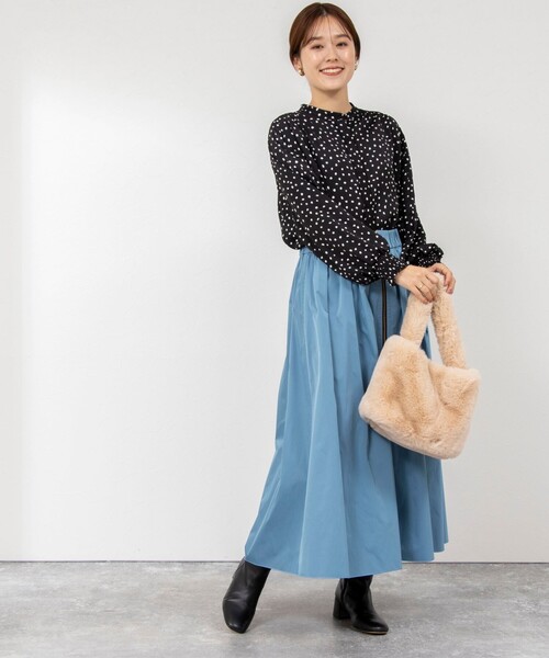 シャツ ブラウス 袖口シャーリングドットプリントブラウス 