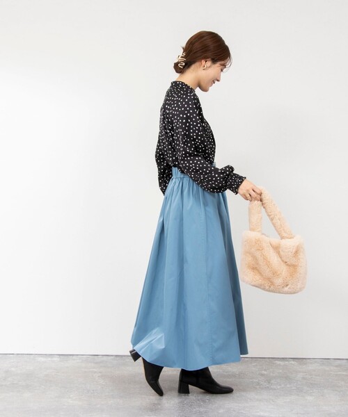 シャツ ブラウス 袖口シャーリングドットプリントブラウス 