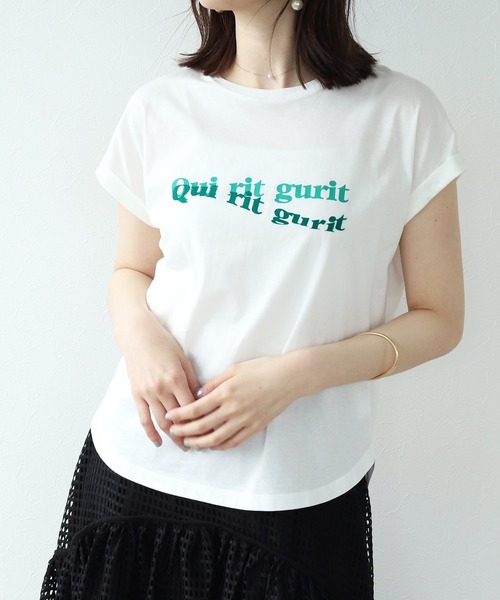 tシャツ 袖ロールアップロゴプリントＴシャツ レディース