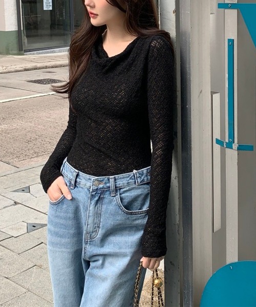 leune tシャツ ドレープネックレースロンT/レーシートップス