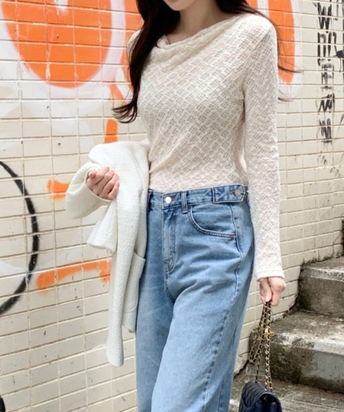 leune tシャツ ドレープネックレースロンT/レーシートップス