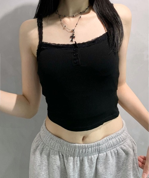 lilful キャミソール 「カップ付き」ヘンリーネック レース リブ加工