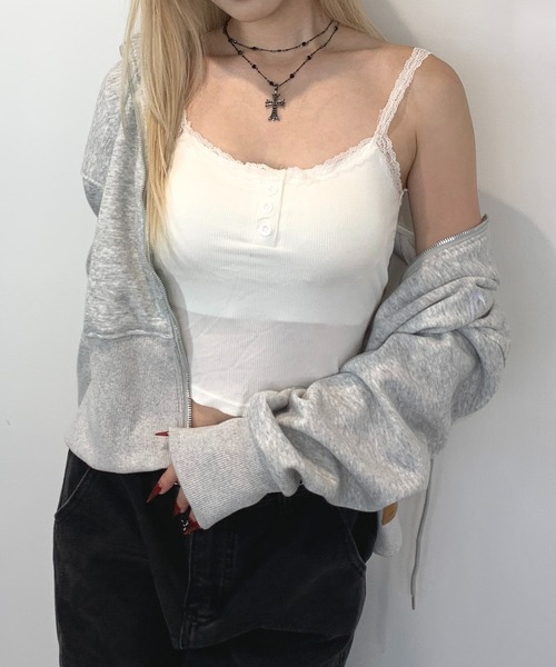 lilful キャミソール 「カップ付き」ヘンリーネック レース リブ加工