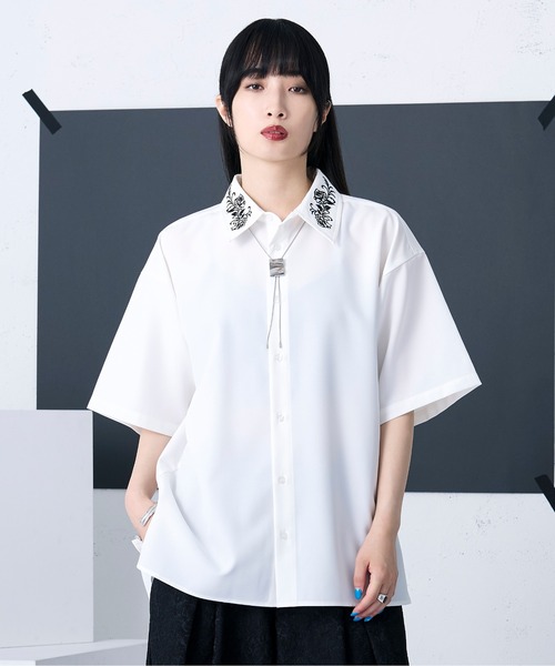 Ellno Loset シャツ バックプリーツ刺繍シャツ メンズ