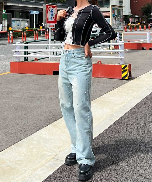frunco ワイドパンツ ジーンズ デニム デニムパンツ ビジュー付き 
