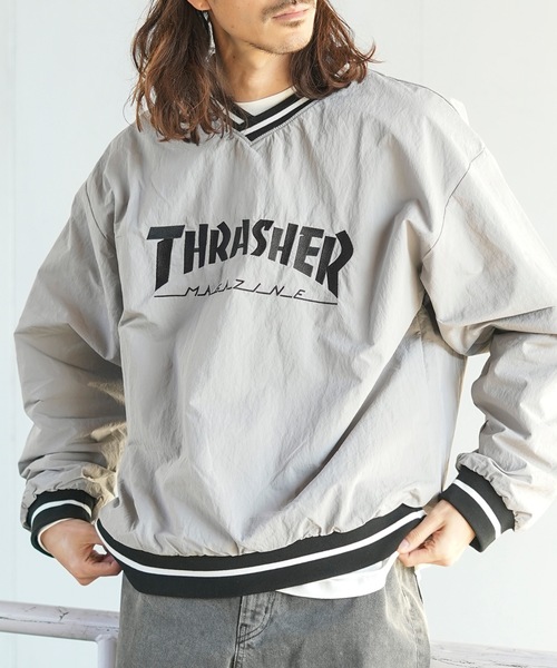 thrasher ナイロン プルオーバー ライトグレー THRASHER NYLON PILLOVER TOPS/リブラインブランドロゴ刺繍