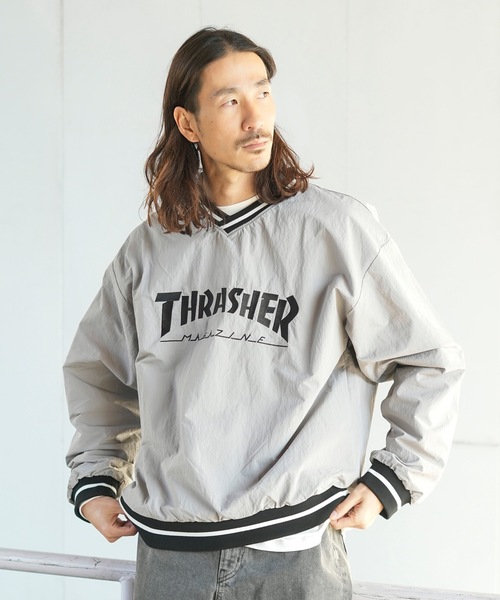 thrasher ナイロン プルオーバー ライトグレー THRASHER NYLON PILLOVER TOPS/リブラインブランドロゴ刺繍
