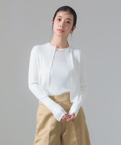 カーディガン 18G リブ クルーネック カーディガン レディース Demi-Luxe BEAMS カーディガン 18G リブ クルーネック