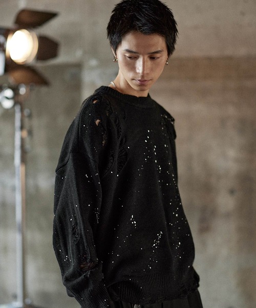 サカイ　コットン　クルーネック　ダメージ　ニット　セーター　デストロイ　メンズ ASTRONOMY セーター ニット ダメージ加工クルーネックニット メンズ