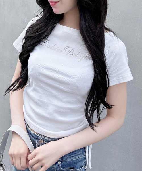 INGNI tシャツ ラインストーンロゴサイドギャザーオフショルリブ