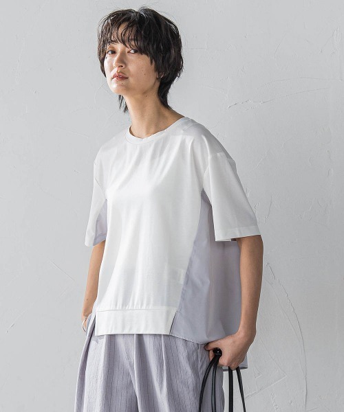 tシャツ 異素材コンビネーション半袖プルオーバー「洗濯機で洗える」 レディース