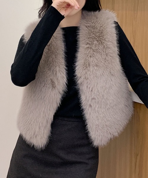 LOWO ベスト ジレ ファーベスト ショート丈 Vネック ファー ジレ 秋 冬