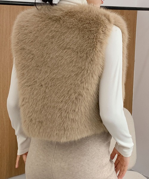 LOWO ベスト ジレ ファーベスト ショート丈 Vネック ファー ジレ 秋 冬