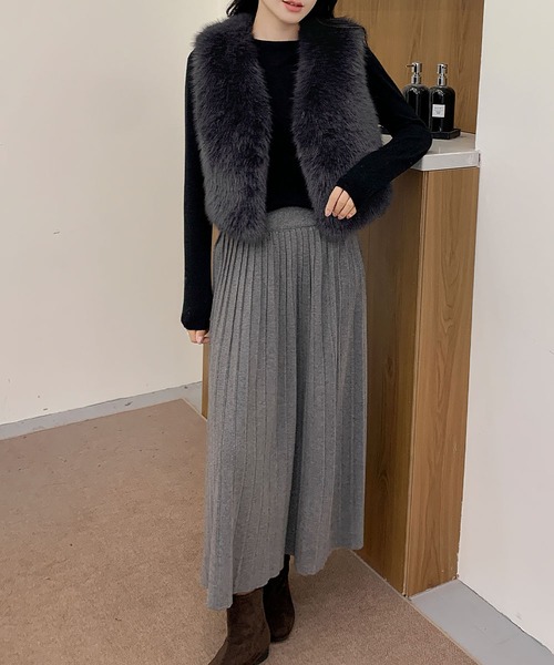 LOWO ベスト ジレ ファーベスト ショート丈 Vネック ファー ジレ 秋 冬