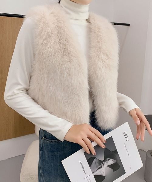 LOWO ベスト ジレ ファーベスト ショート丈 Vネック ファー ジレ 秋 冬