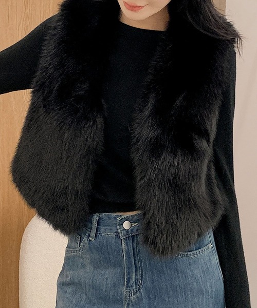 LOWO ベスト ジレ ファーベスト ショート丈 Vネック ファー ジレ 秋 冬