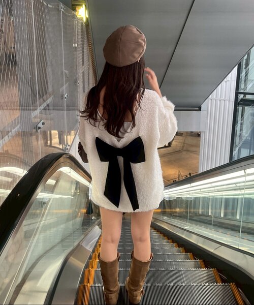 アイボリー リボン付きニットセーター 長袖 &. NOSTALGIA（ノスタルジア） ニット セーター 「ZOZO限定」片畦編み