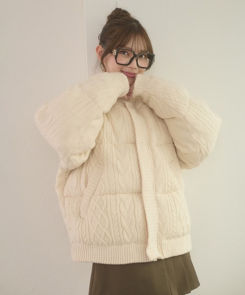 ボリュームニットナカワタジャケット ホワイト / ダウンジャケット アイボリー Ambre Neige（アンブルネージュ） ブルゾン アウター volume knit