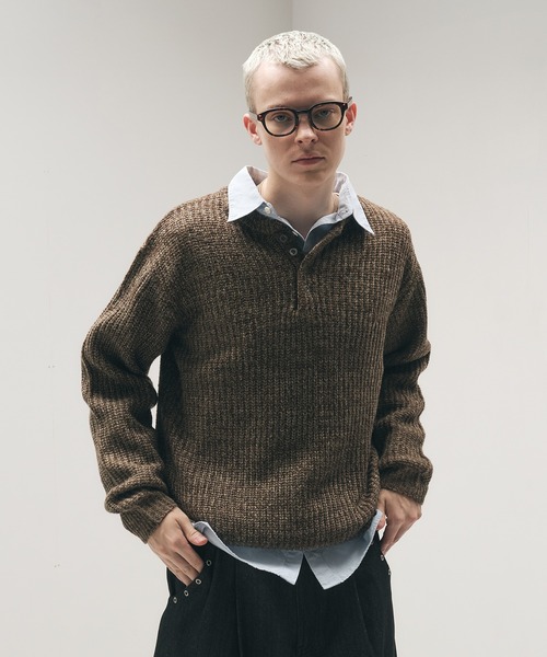 Adoon plain セーター ニット Melange Henry Neck Knit / メランジ 