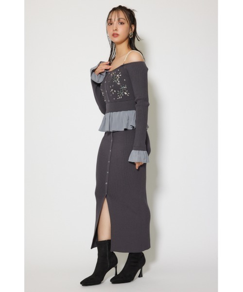 ビジューニットワンピ＊FRAY I.D Lily Brown rienda好きに rienda | 2WAYビジューフラワーオフショルタイトニットワンピース