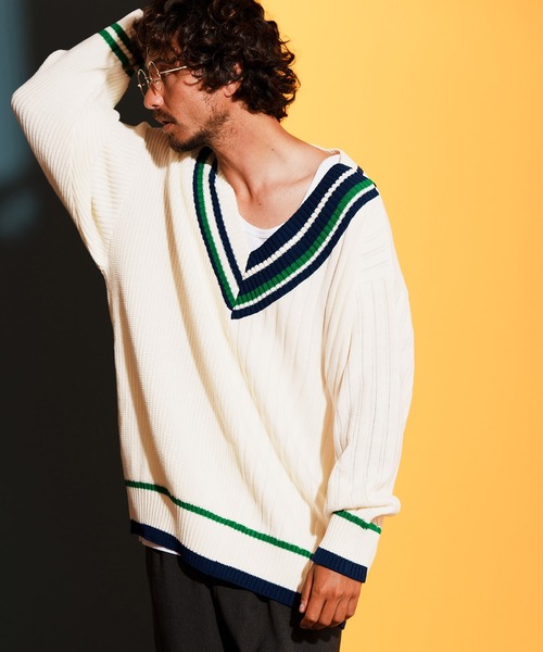 「ANGENEHM」 長袖ニット M ホワイト×ブルー メンズ_画像2